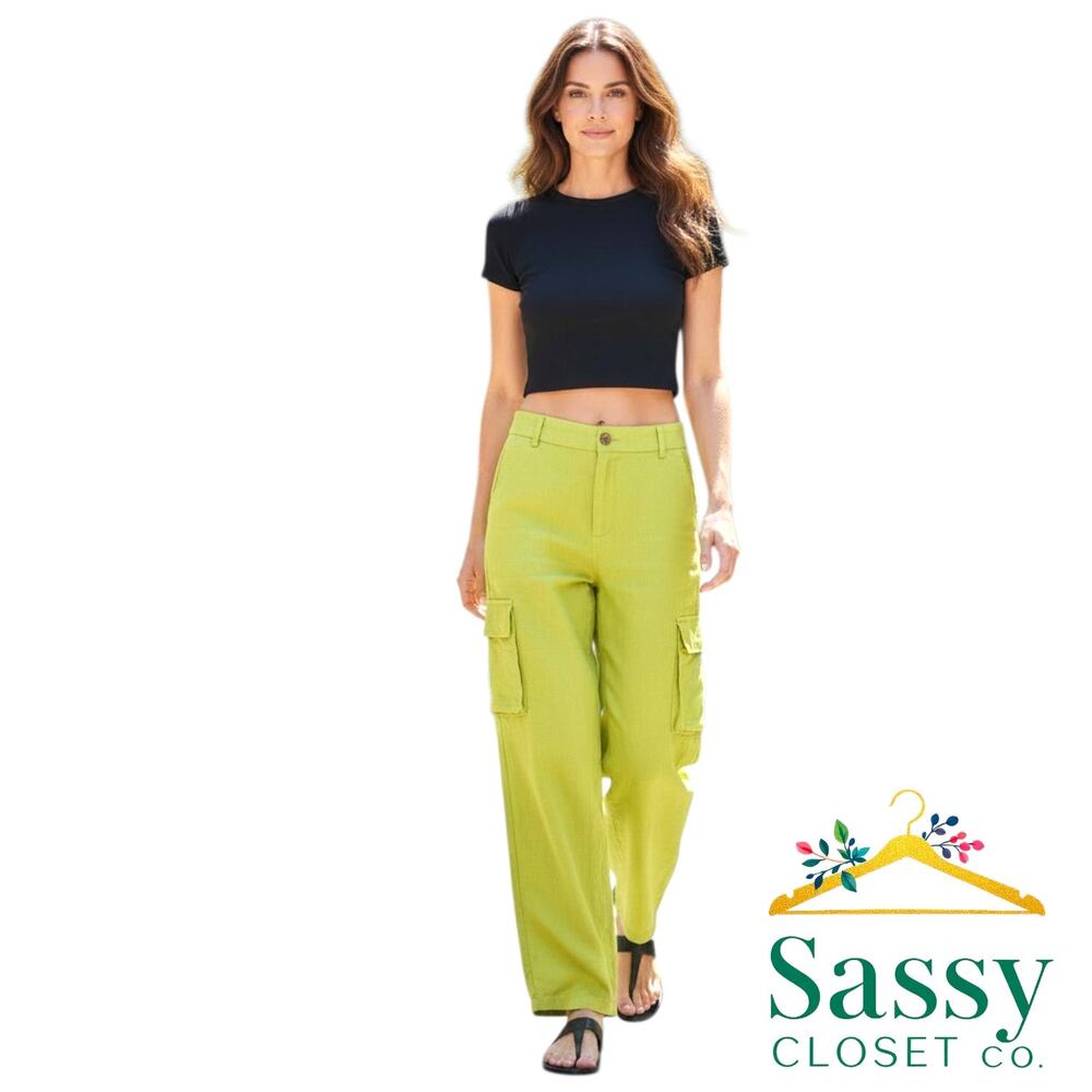 HG Yellow Green Cargo Pants Women Small S Flat Front Smocked Back High Rise EUC